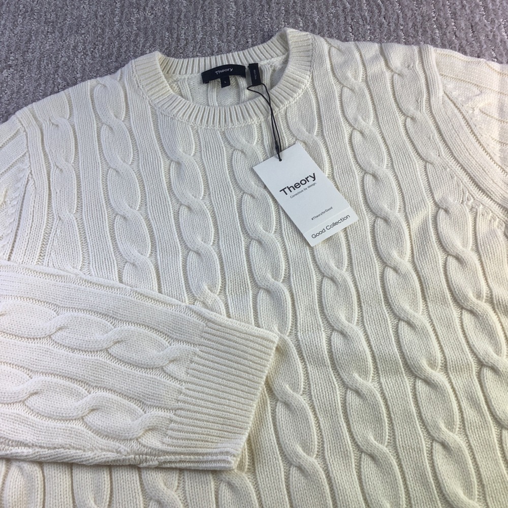 Theory Cable Knit Sweater Cream Wool Cashmere Blend Crew Neck Long Sleeve Size L